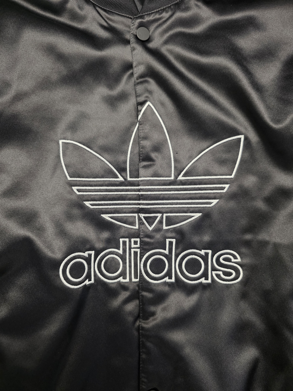 Adidas Men's Black Satin Bomber Jacket with White Trefoil Logo Size Medium - Picture 2 of 14